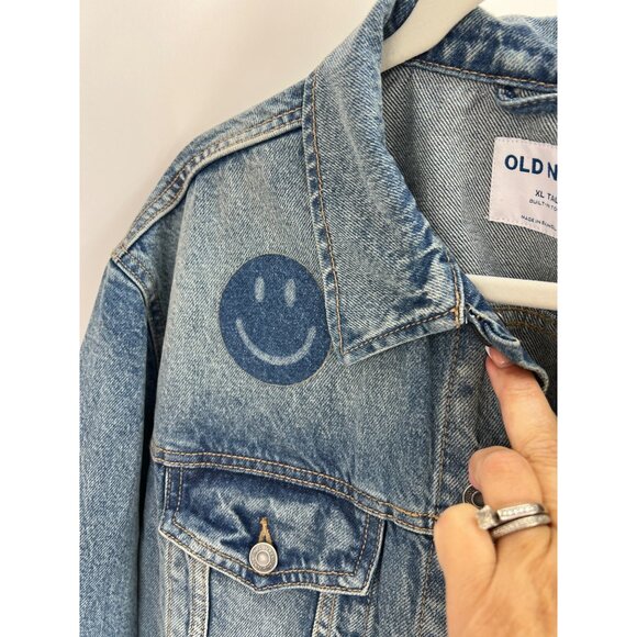 Old Navy XL Tall Distressed Denim Jacket Smiley Face Rainbow Lining Unisex NWT - Picture 4 of 8